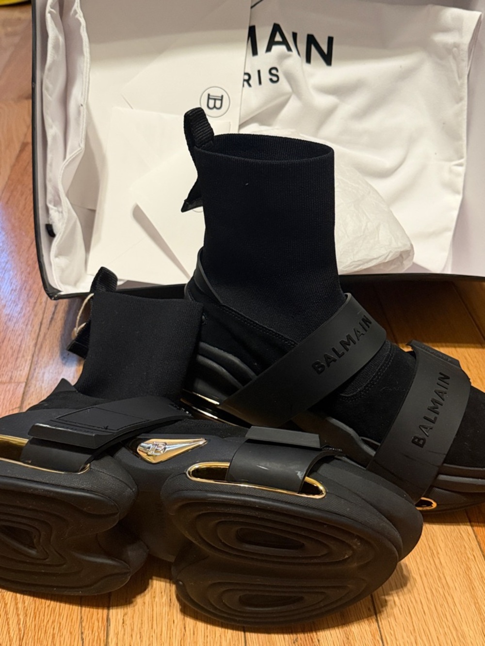 Balmain Black Knit High-Top Sneakers with Gold Trim